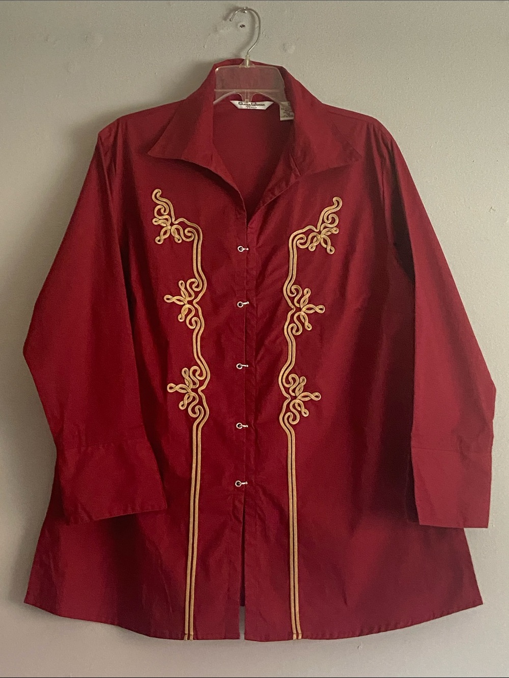 Vintage Quizz Woman Red Wine Long-Sleeve Embroidered Button-Up Shirt Size 18
